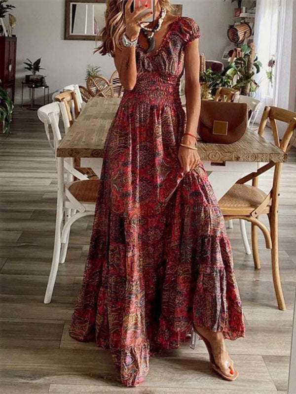 Boho Floral Maxi Dress Waist-Defined Flowy Summer Dress