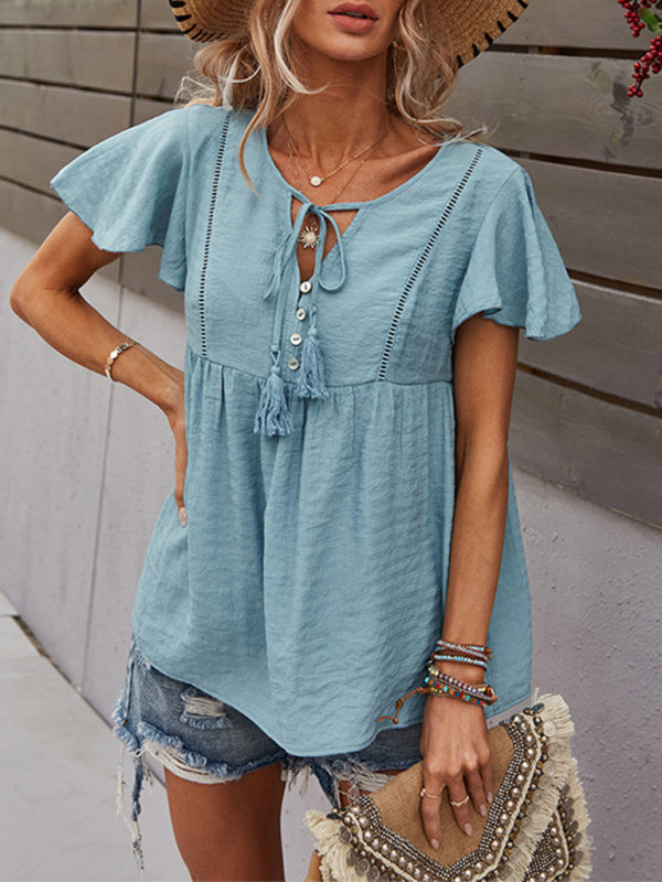 Trendy Woven Short Sleeve Shirt for Women Retro Chic Casual Top