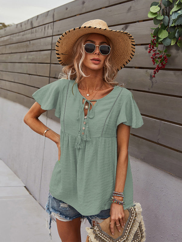 Trendy Woven Short Sleeve Shirt for Women Retro Chic Casual Top