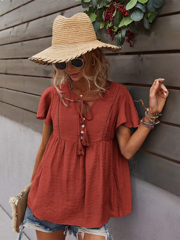Trendy Woven Short Sleeve Shirt for Women Retro Chic Casual Top