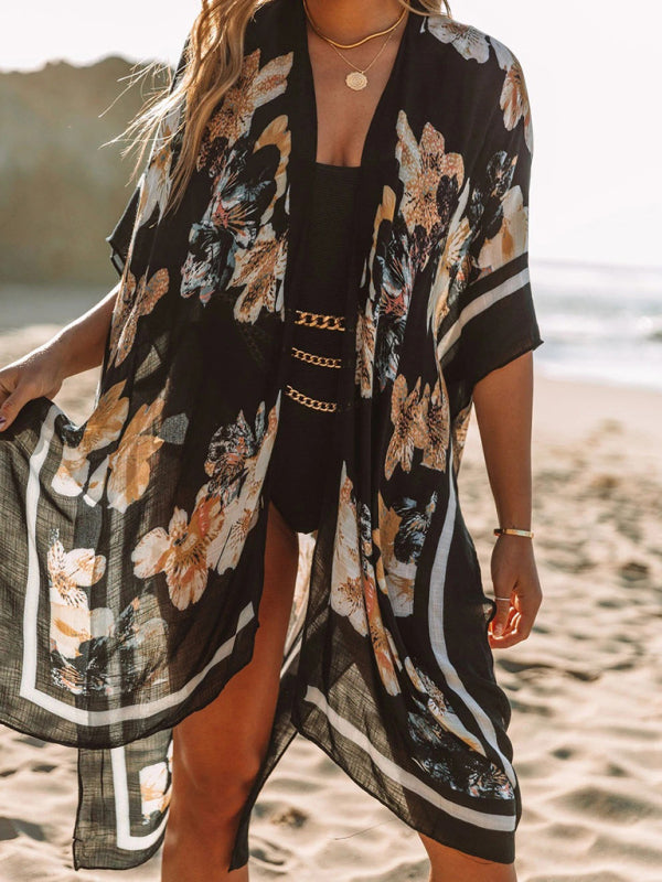 Chic Printed Chiffon Beach Cover Up Slit Blouse – Vacation Ready