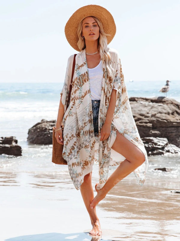 Chic Printed Chiffon Beach Cover Up Slit Blouse – Vacation Ready