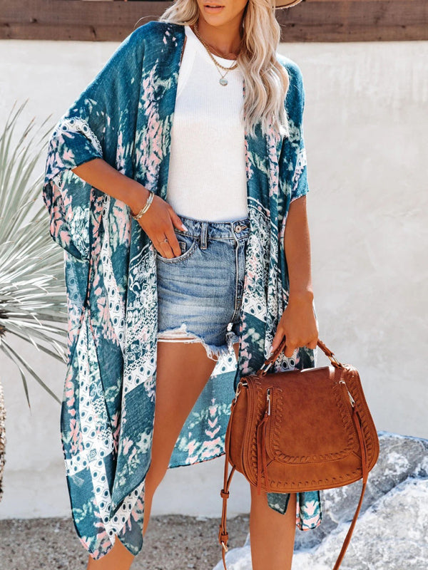 Chic Printed Chiffon Beach Cover Up Slit Blouse – Vacation Ready