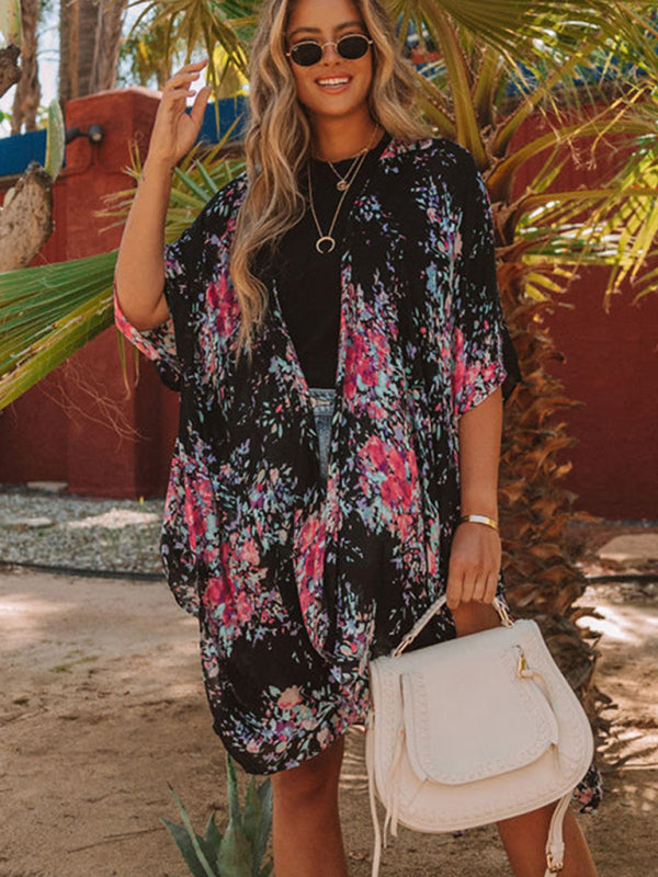 Chic Printed Chiffon Beach Cover Up Slit Blouse – Vacation Ready