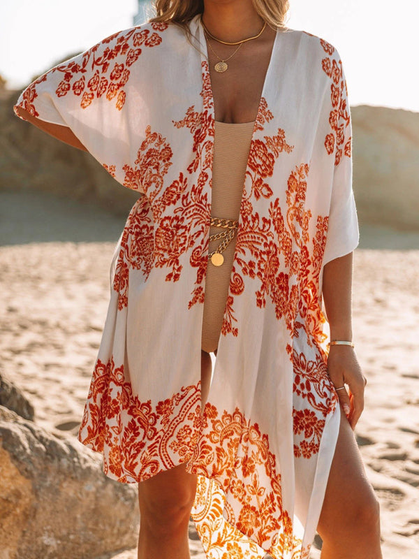 Chic Printed Chiffon Beach Cover Up Slit Blouse – Vacation Ready