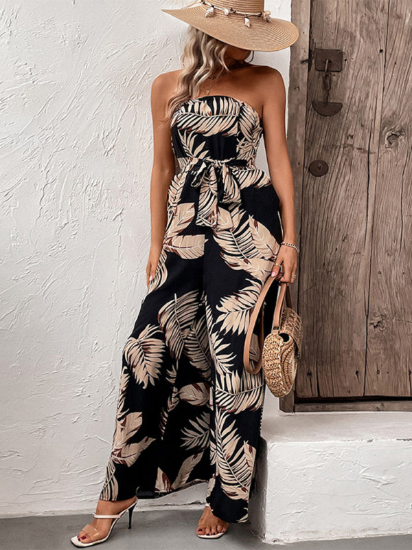 Chic Leaf Print Tube Top Jumpsuit – Stylish & Comfy for Spring Summer