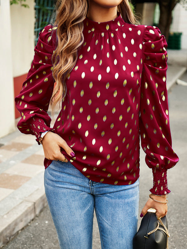 Chic Gold Dot Print Long Sleeve Blouse – Elegant & Stylish Top for Work or Casual