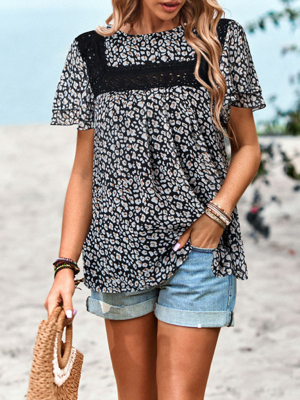 Elegant Floral Round Neck Short Sleeve Top – Chic & Comfy Must-Have