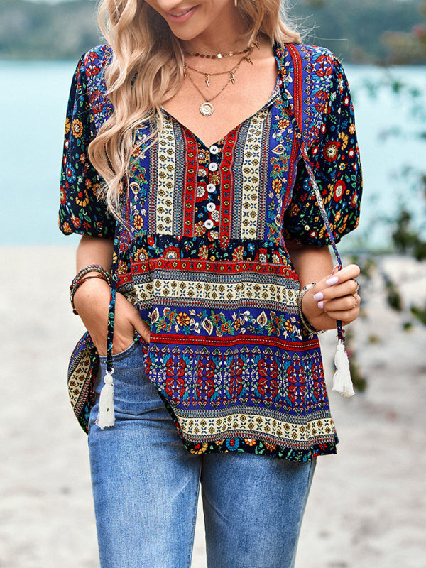 Boho Chic Printed Button-Up Blouse – Stylish & Breezy for Any Outfit