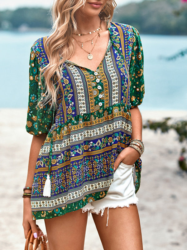 Boho Chic Printed Button-Up Blouse – Stylish & Breezy for Any Outfit