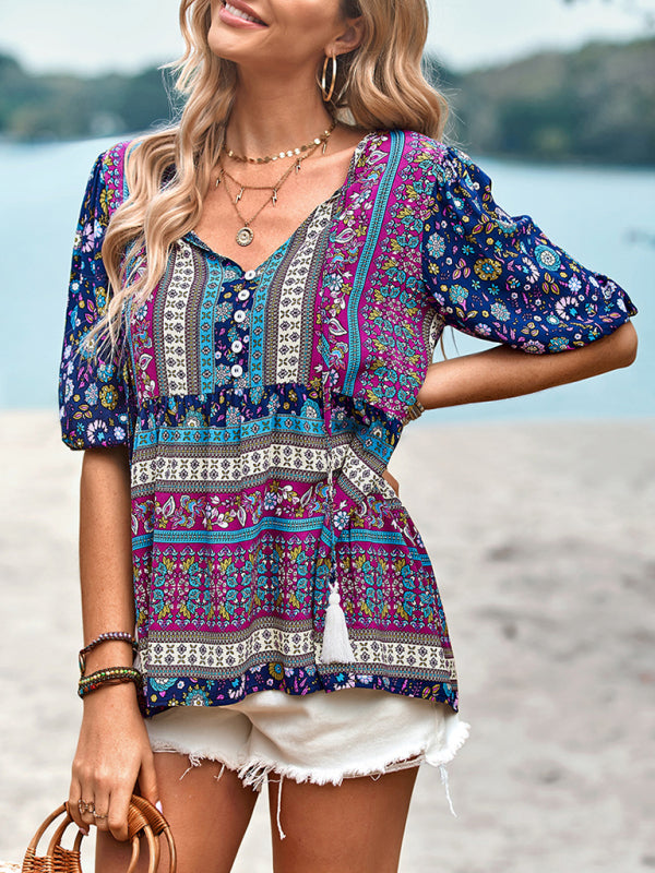 Boho Chic Printed Button-Up Blouse – Stylish & Breezy for Any Outfit