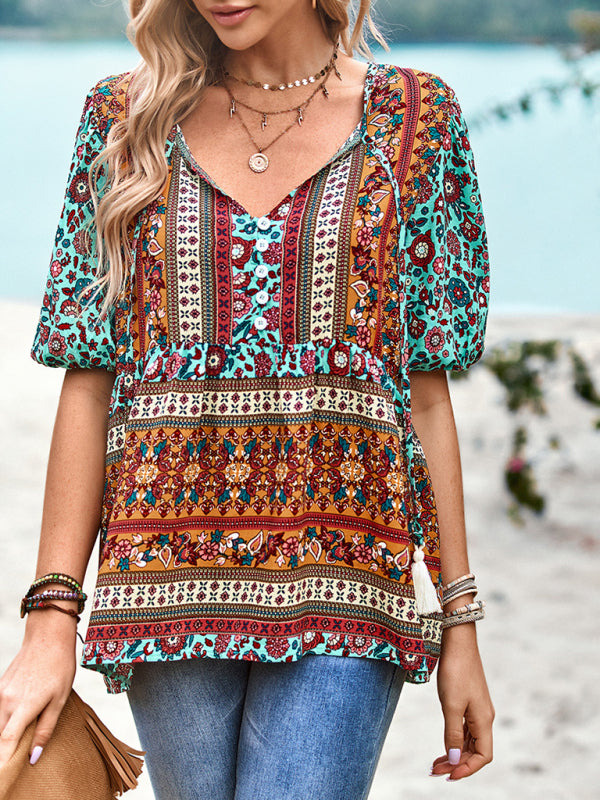 Boho Chic Printed Button-Up Blouse – Stylish & Breezy for Any Outfit