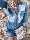 👖 Chic Distressed Denim Shirt – Slim Fit, Long Sleeve & Stylish Lapel Design 💙