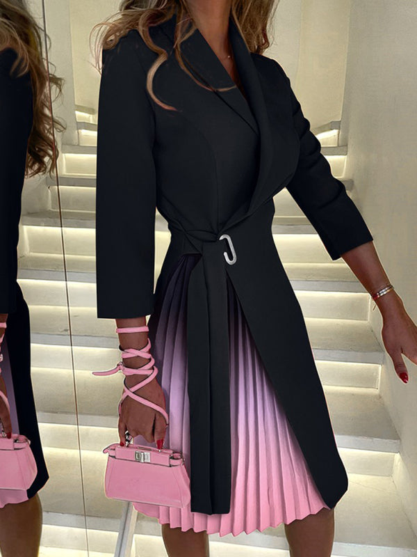 Chic V-Neck Tie Waist Pleated Suit Dress – Elegant & Flattering Fit