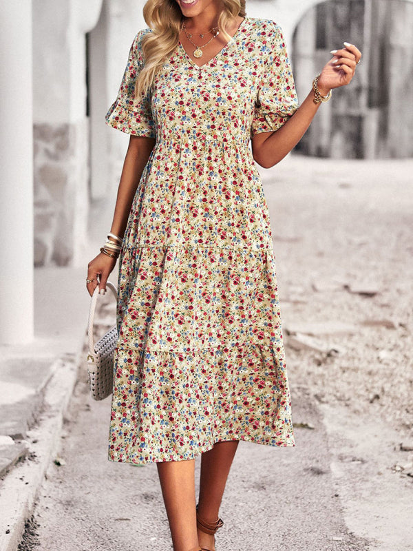 Elegant V-Neck Floral Dress Short Sleeve Holiday Outfit