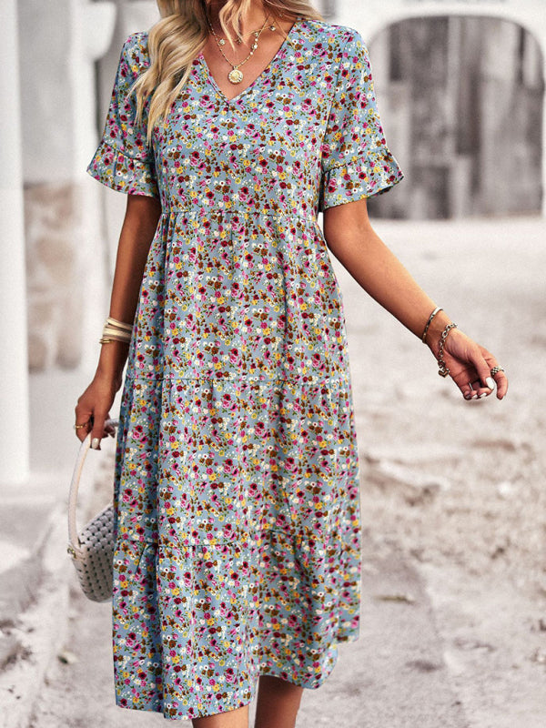 Elegant V-Neck Floral Dress Short Sleeve Holiday Outfit