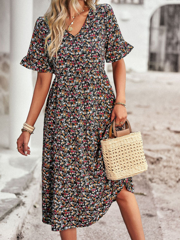 Elegant V-Neck Floral Dress Short Sleeve Holiday Outfit