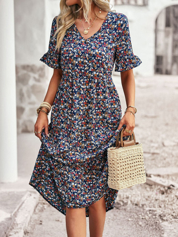 Elegant V-Neck Floral Dress Short Sleeve Holiday Outfit