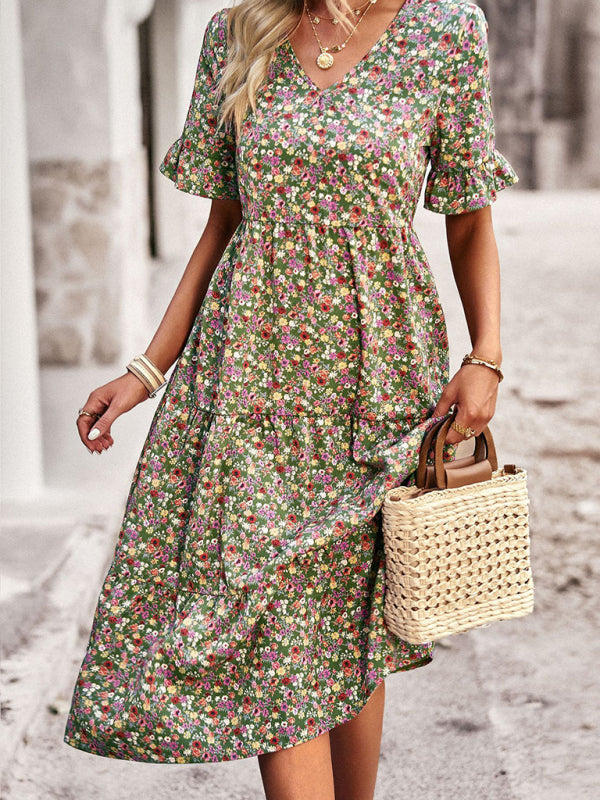 Elegant V-Neck Floral Dress Short Sleeve Holiday Outfit