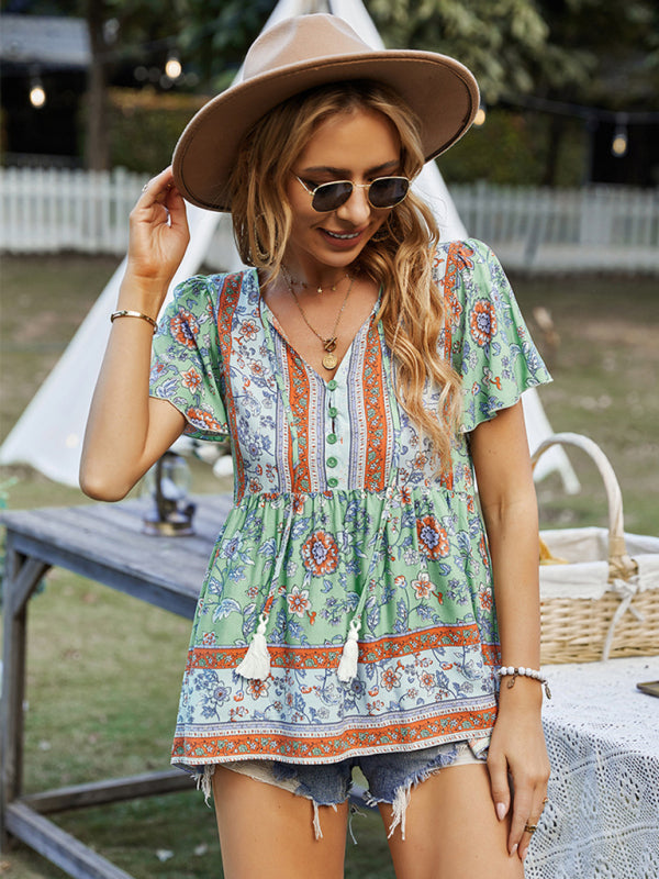 Boho Floral Print Short Sleeve Top – Chic & Effortless Summer Vibes