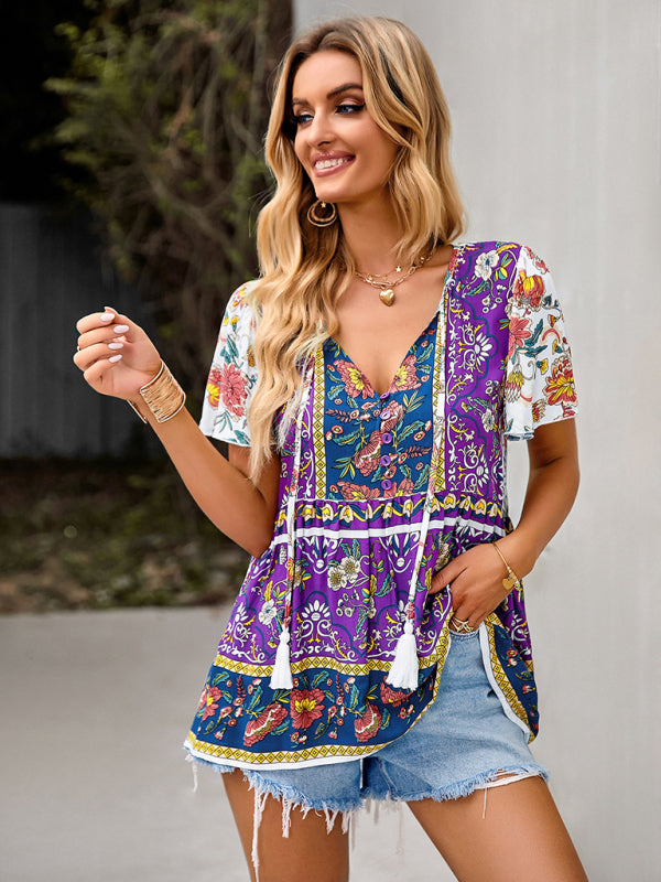 Boho Floral Print Short Sleeve Top – Chic & Effortless Summer Vibes