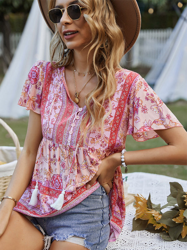 Boho Floral Print Short Sleeve Top – Chic & Effortless Summer Vibes