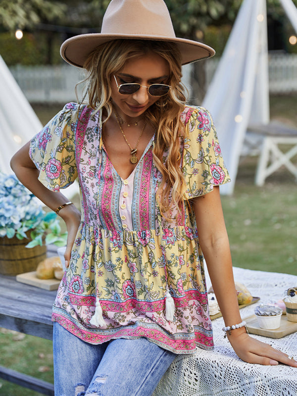 Boho Floral Print Short Sleeve Top – Chic & Effortless Summer Vibes