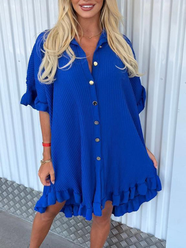 ✨ Chic Ruffle Sleeve Shirt Dress Irregular Hem Trendy Outfit ✨