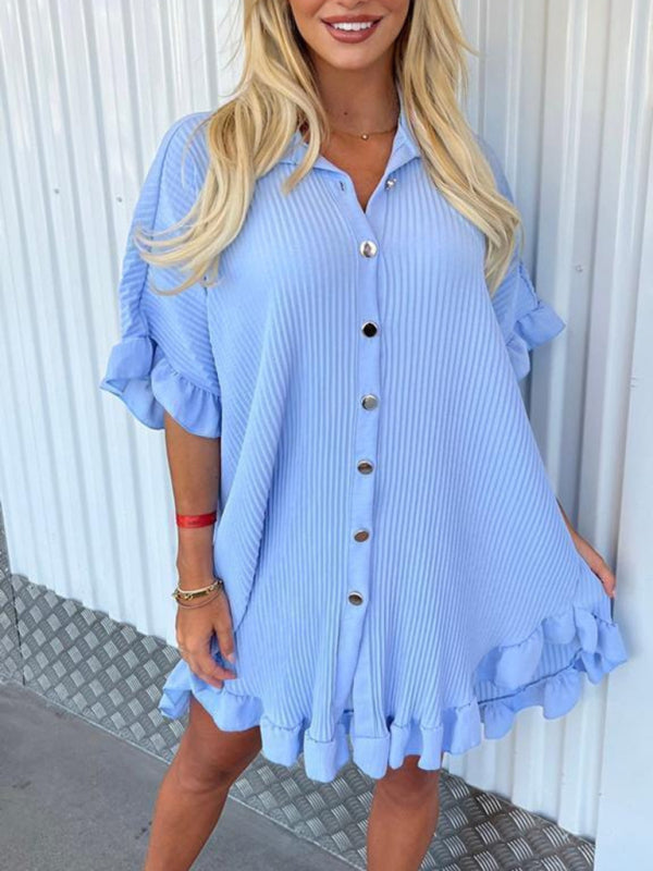 ✨ Chic Ruffle Sleeve Shirt Dress Irregular Hem Trendy Outfit ✨