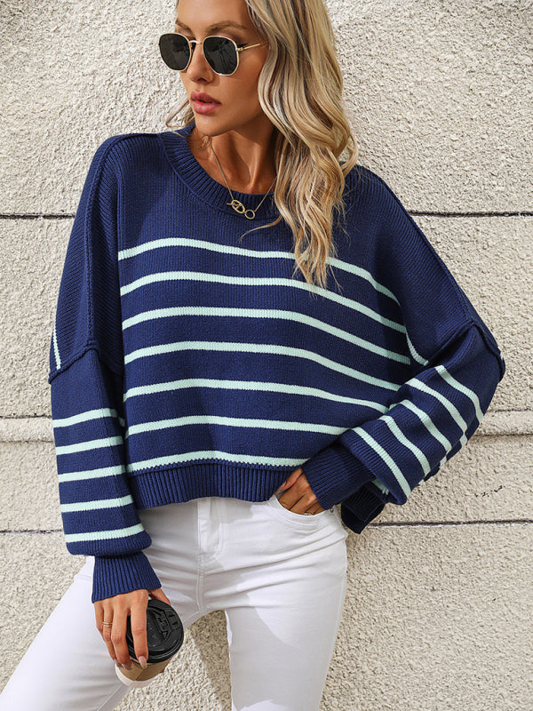 Cozy Striped Knit Sweater – Chic Round Neck Loose Pullover for Fall & Winter