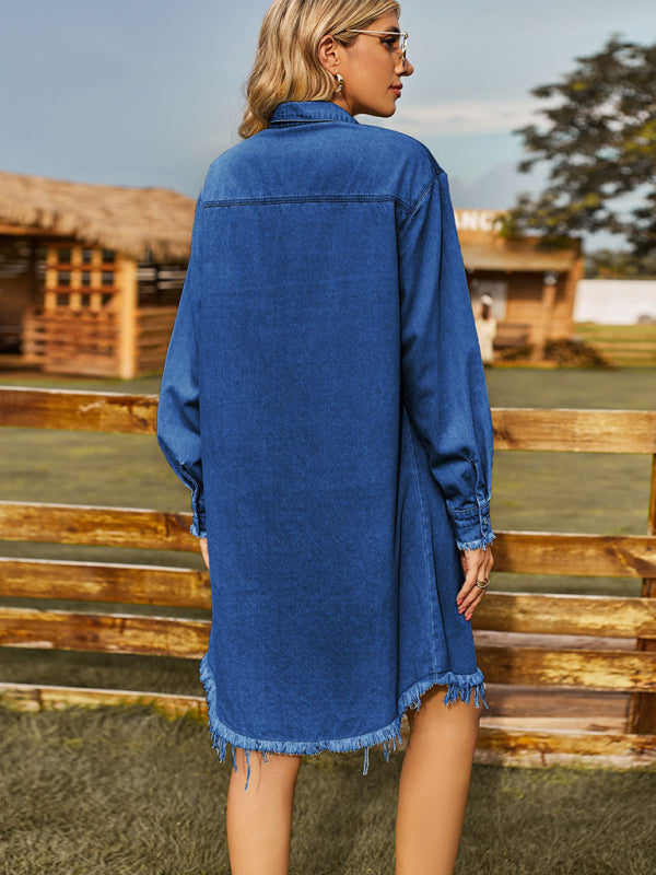 💙 Retro Washed Denim Dress – Loose, Casual & Chic Long Sleeve Look 💙