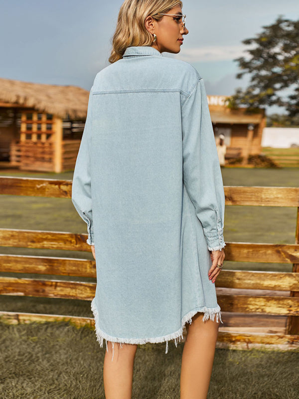 💙 Retro Washed Denim Dress – Loose, Casual & Chic Long Sleeve Look 💙