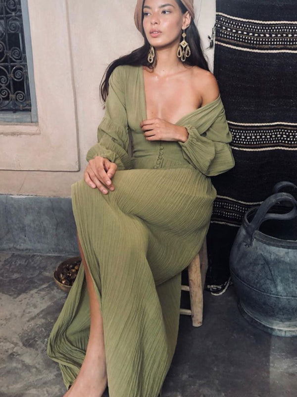 Chic French V-Neck Maxi Dress – Elegant Pleated Waist, Flowy & Timeless