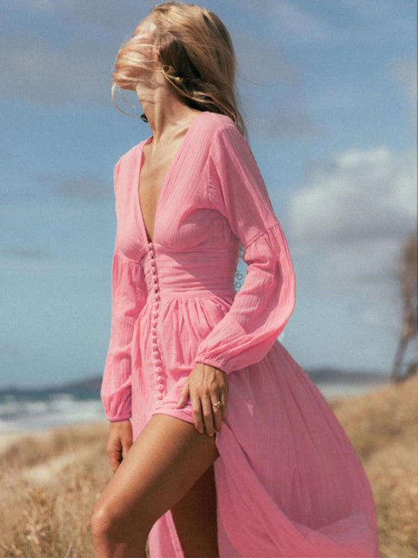 Chic French V-Neck Maxi Dress – Elegant Pleated Waist, Flowy & Timeless