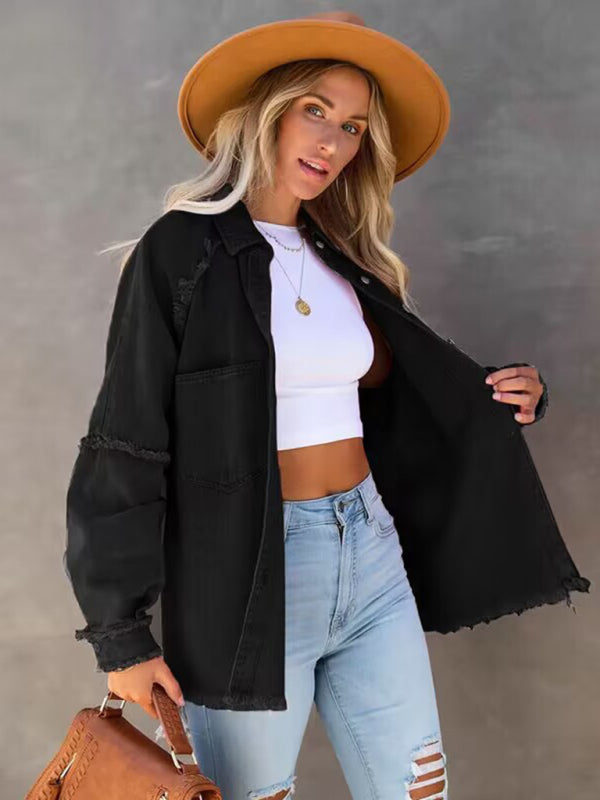 🔥 Chic Fringed Ripped Denim Jacket – Trendy & Effortless Vibes 🔥