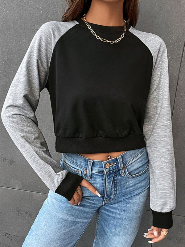 Color Block Cropped Sweatshirt Long Sleeve Trendy Fall Top