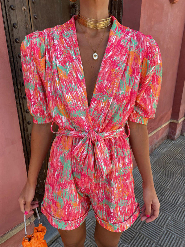 Chic Deep V-Neck Bubble Sleeve Jumpsuit – Trendy & Flattering Fit