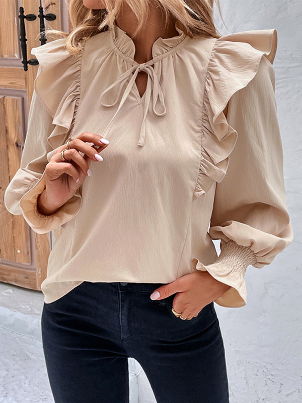 Chic Ruffled Tie Blouse Long Sleeve Elegant Top for Women – Perfect for Spring & Summer