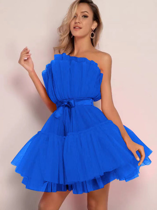 Chic Tube Top Mesh Tutu Dress with Bow – Trendy & Elegant for Any Occasion