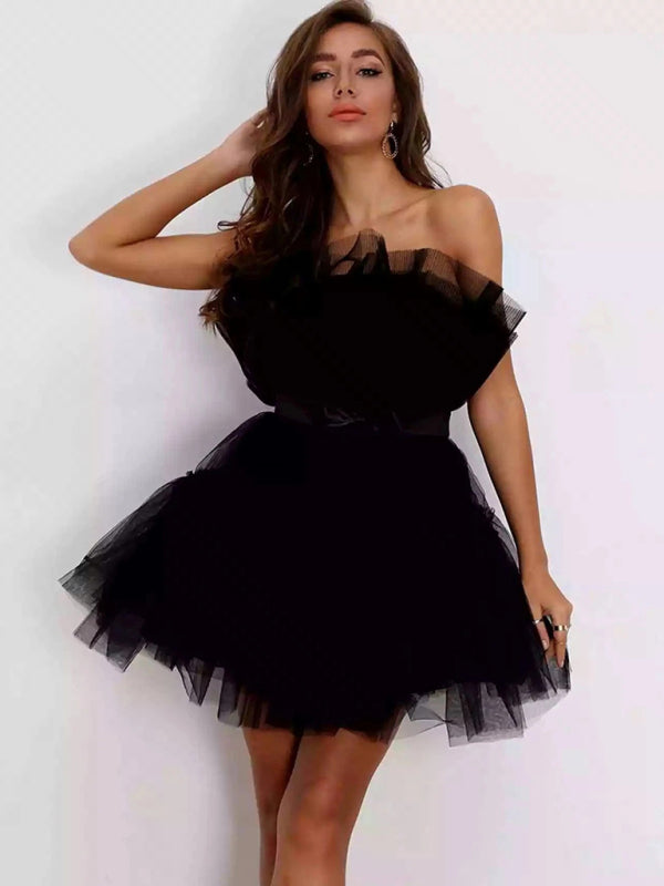 Chic Tube Top Mesh Tutu Dress with Bow – Trendy & Elegant for Any Occasion