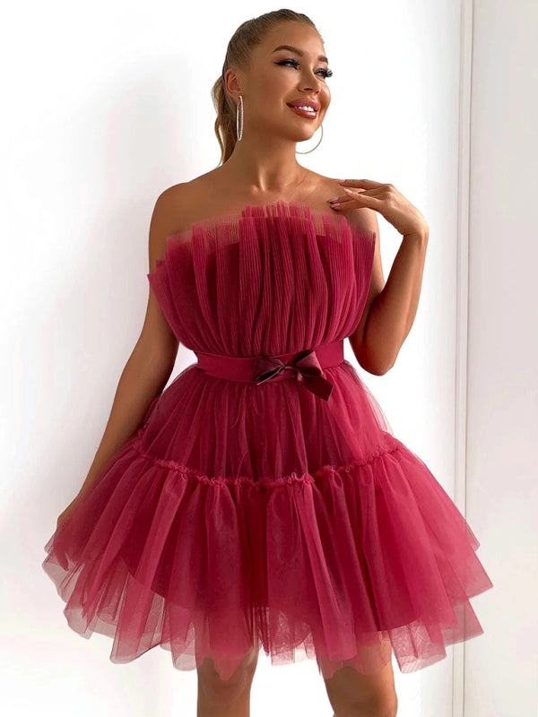 Chic Tube Top Mesh Tutu Dress with Bow – Trendy & Elegant for Any Occasion