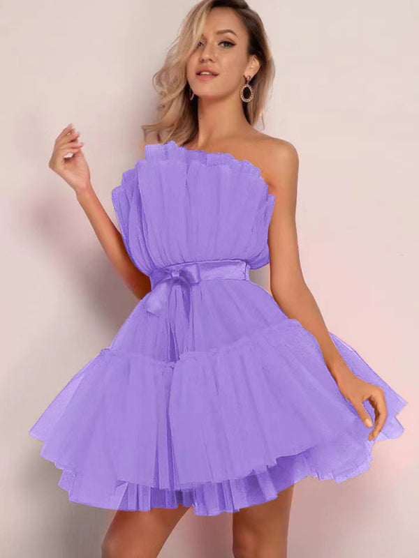 Chic Tube Top Mesh Tutu Dress with Bow – Trendy & Elegant for Any Occasion