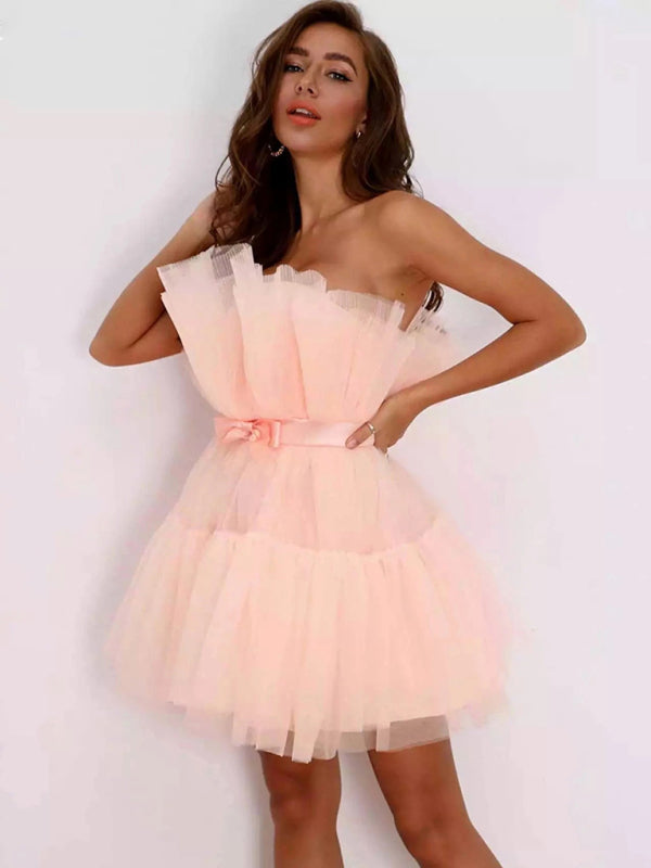 Chic Tube Top Mesh Tutu Dress with Bow – Trendy & Elegant for Any Occasion