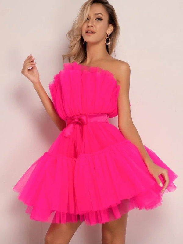 Chic Tube Top Mesh Tutu Dress with Bow – Trendy & Elegant for Any Occasion
