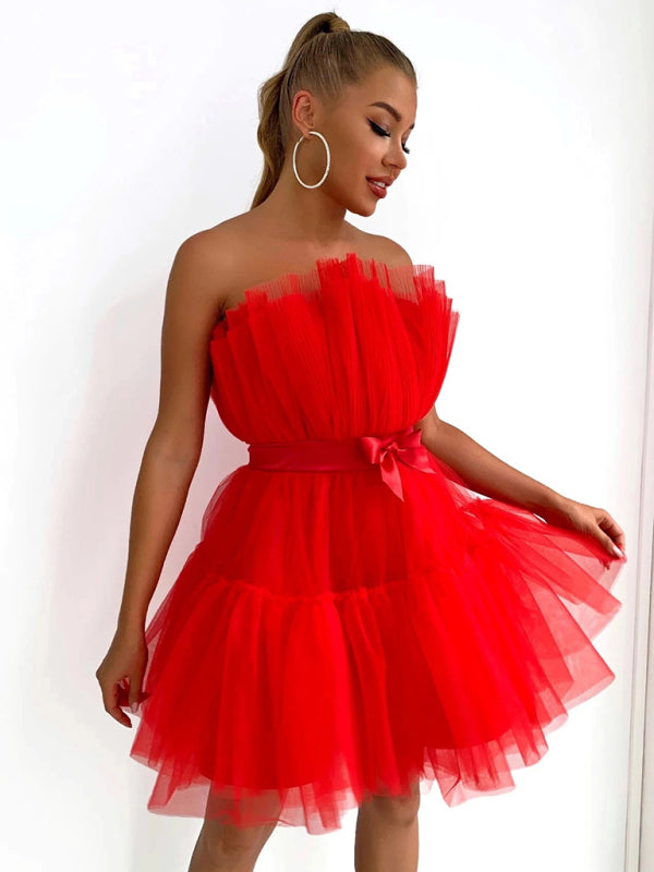 Chic Tube Top Mesh Tutu Dress with Bow – Trendy & Elegant for Any Occasion