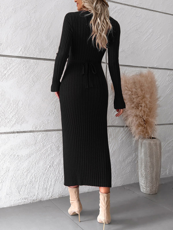 🛍️ Elegant V-Neck Sweater Dress – Chic & Cozy Long Sleeve Knit for Fall & Winter 🖤