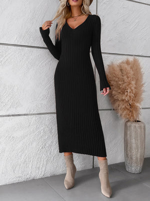 🛍️ Elegant V-Neck Sweater Dress – Chic & Cozy Long Sleeve Knit for Fall & Winter 🖤