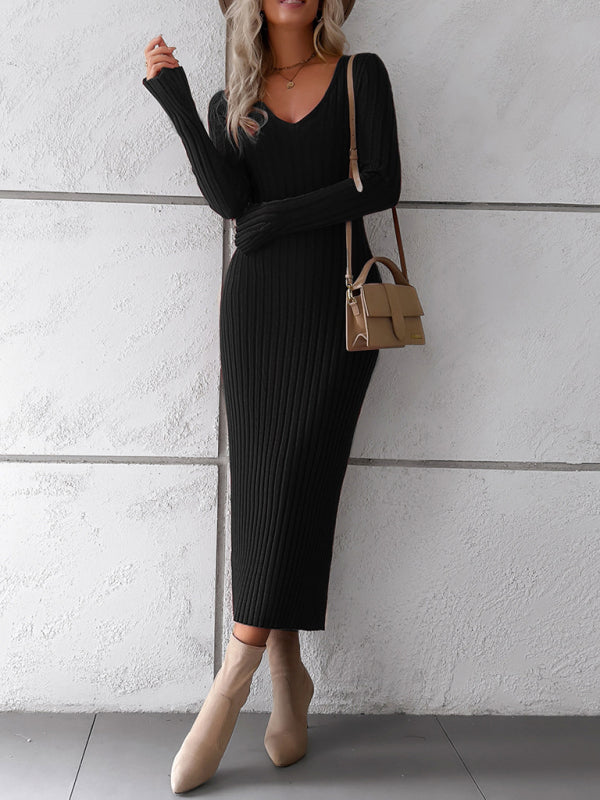 🛍️ Elegant V-Neck Sweater Dress – Chic & Cozy Long Sleeve Knit for Fall & Winter 🖤