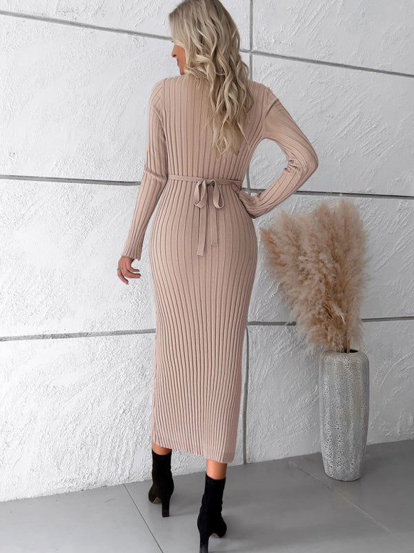 🛍️ Elegant V-Neck Sweater Dress – Chic & Cozy Long Sleeve Knit for Fall & Winter 🖤