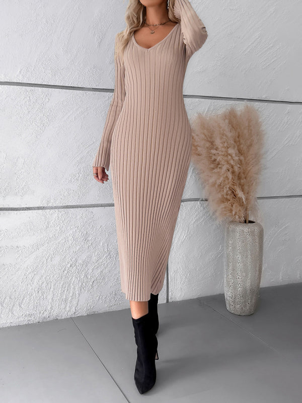 🛍️ Elegant V-Neck Sweater Dress – Chic & Cozy Long Sleeve Knit for Fall & Winter 🖤